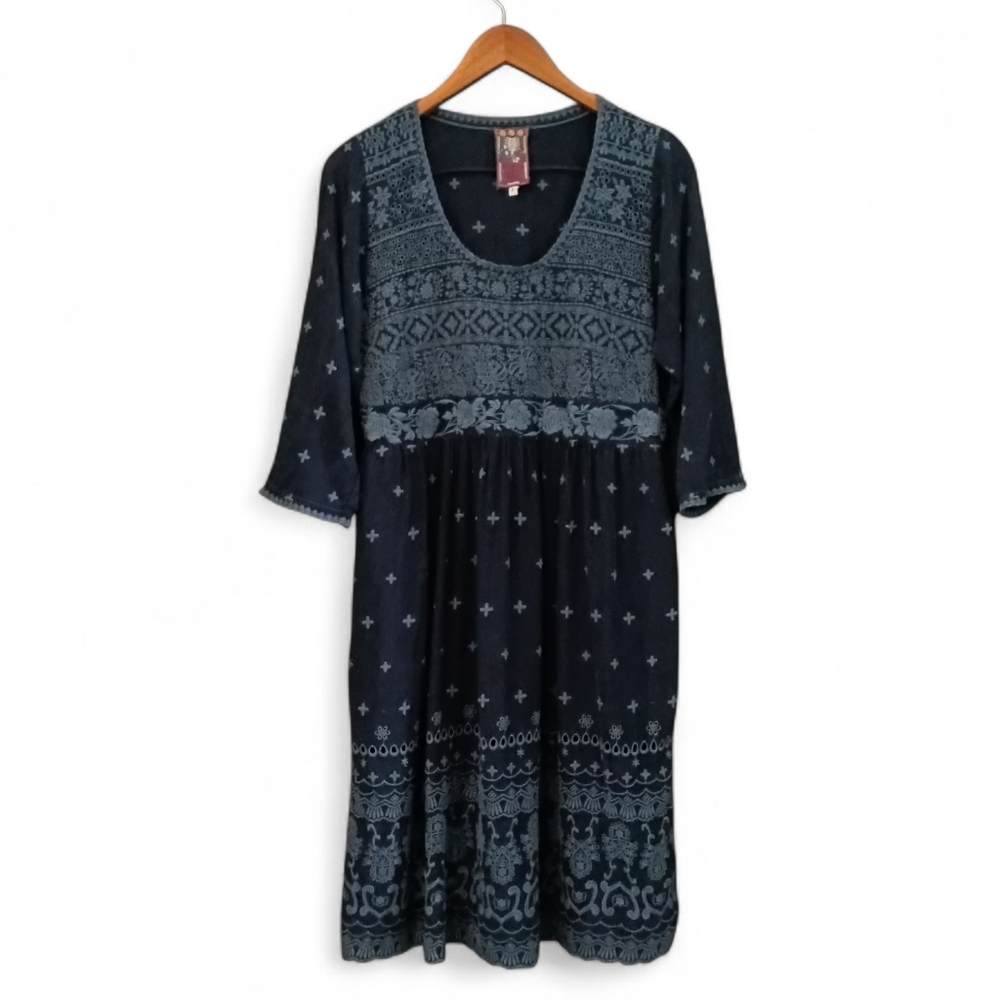 Johnny Was Sz. S Blue 3/4 Sleeve Embroidered Midi Dress w/Pockets Cottagecore